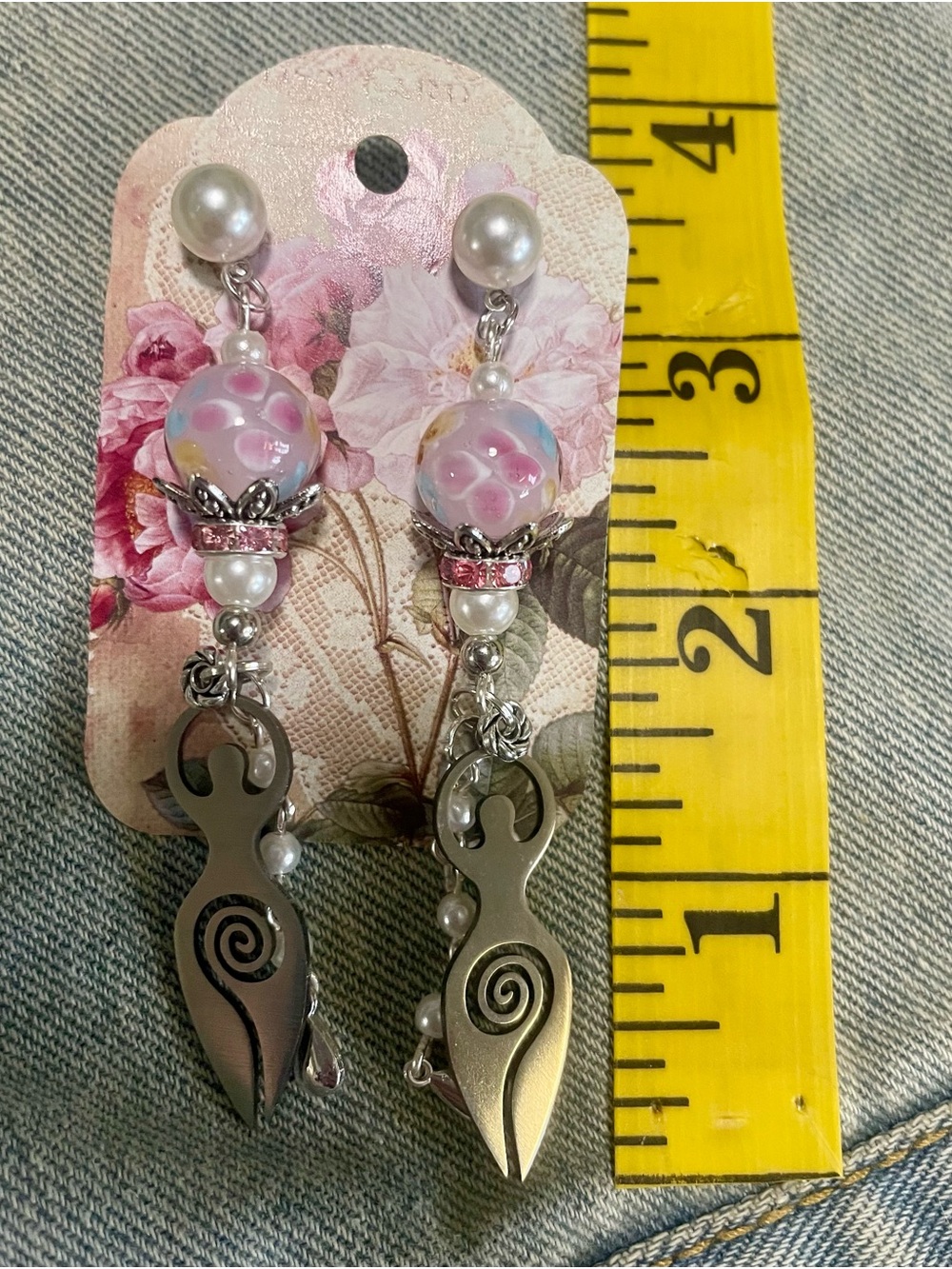 Hand Crafted Pink Floral Glass Bead Goddess Dangle Earrings with Pearls - Picture 5 of 5